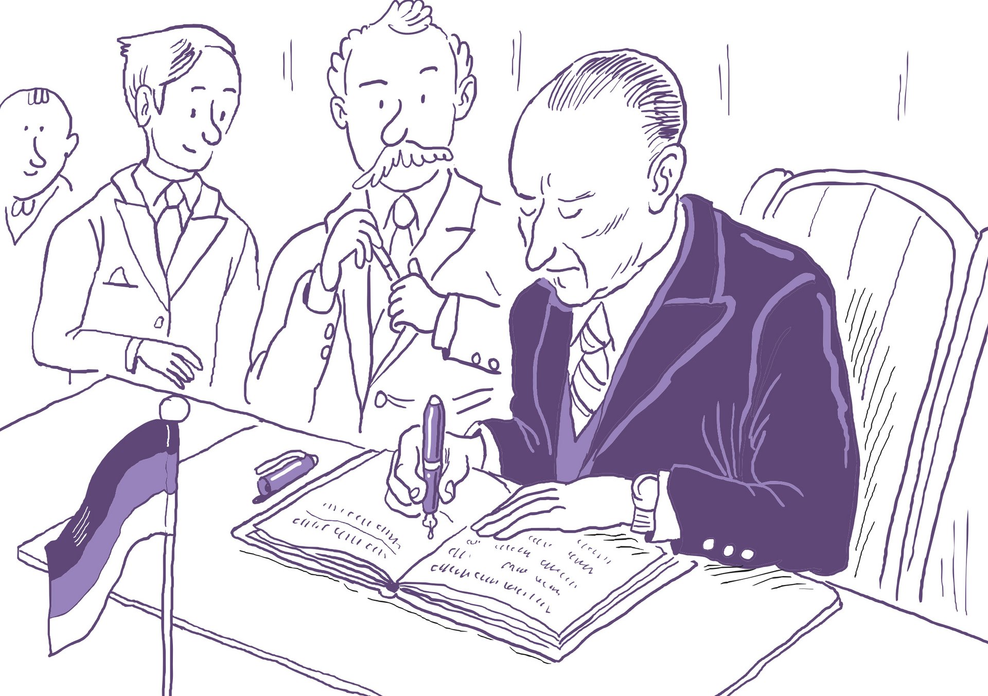 Eine Zeichnung von Konrad Adenauer, der das Grundgesetz unterzeichnet.