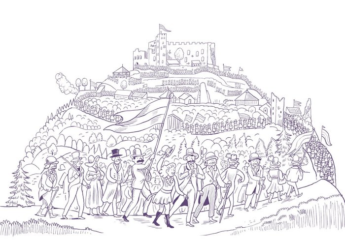 Eine Zeichnung von vielen Menschen auf dem Weg zum Hambacher Schloss.