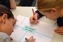 Zwei Schüler schreiben auf ein Blatt Papier, die Pro und Kontras für ein neues Handy