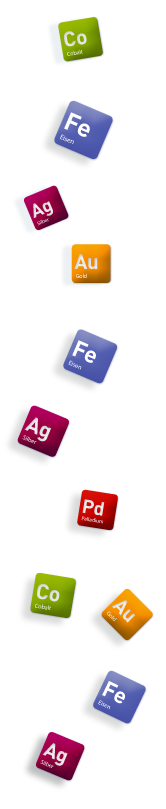 Chemische Elemente wie Ag, Au, Fe, etc. purzeln über die Webseite