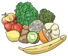 Verschiedene Obst- und Gemüsesorten auf einem Haufen.