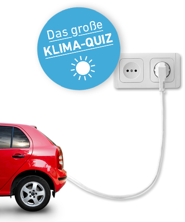 Kollage: Rotes Auto ist an eine Steckdose angeschlossen, darüber Banner "Das große Klima-Quiz"