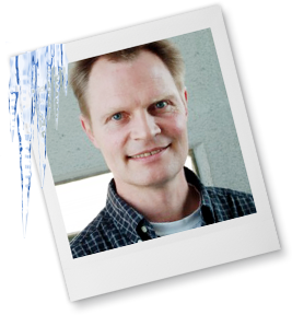 Polaroidbild des Forschers Dr. Martin Melles, umrahmt von Eiszapfen