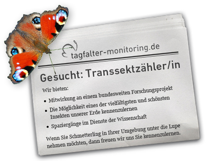 Zeitungsdeckblatt mit einer Stellenanzeige "Gesucht: Transsektzähler/in", auf der Zeitung sitzt ein Schmetterling
