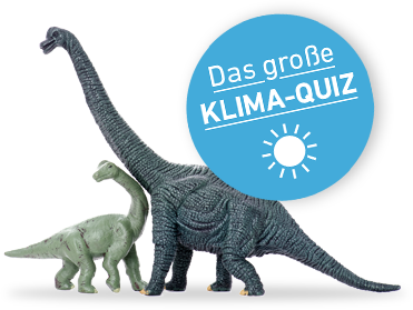 Zwei Spielzeug-Dinosaurier, davor das Banner: "Das große Klima-Quiz"