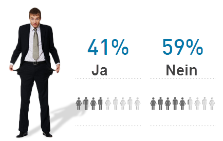 Junger Mann im Anzug, der seine leeren Hosentaschen nach außen zieht