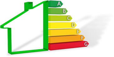 Illustration: Haus mit Energiesparwerten von A bis G