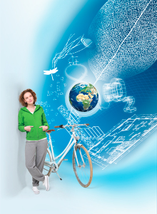 Kampagnenmotiv Frau mit Fahrrad vor Erdkugel