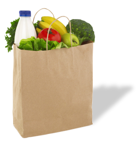 Papiertüte, in der verschiedene Lebensmittel eingepackt sind