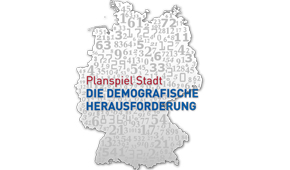 Deutschlandkarte mit der Aufschrift: Planspiel Stadt – die demografische Herausforderung