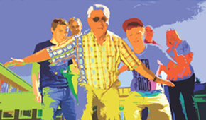 Das Logobild der Veranstaltung mit einem älteren Mann im Bildvordergrund und fünf Jugendlichen im Hintergrund.