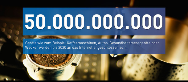 Link öffnet alle Zahlen des Monats /50.000.000.000 Geräte wie zum Beispiel Kaffeemaschinen, Autos, Gesundheitsmessgeräte oder Wecker werden bis 2020 an das Internet angeschlossen sein.
