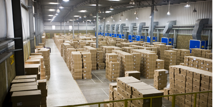 Das Bild zeigt einen Lagerraum, indem sich Versandkartons stapeln