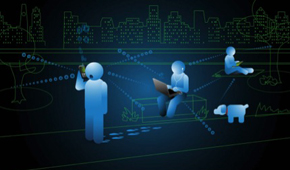 Das Bild zeigt blaue Figuren, die digitale Kommunikationsgeräte benutzen