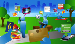 Das Bild zeigt blaue Figuren, die sich im Park aufhalten und digitale Medien benutzen