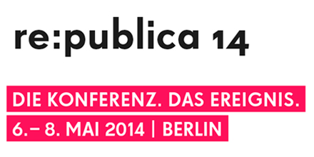 Logo der Veranstaltung mit der Aufschrift: re:publica 14. Die Konferenz. Das Ereignis. 6.-8. Mai 2014. Berlin