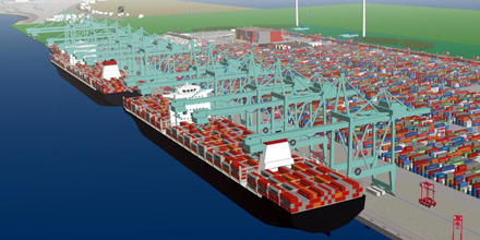 Ein virtueller Hafen mit einem Frachtschiff