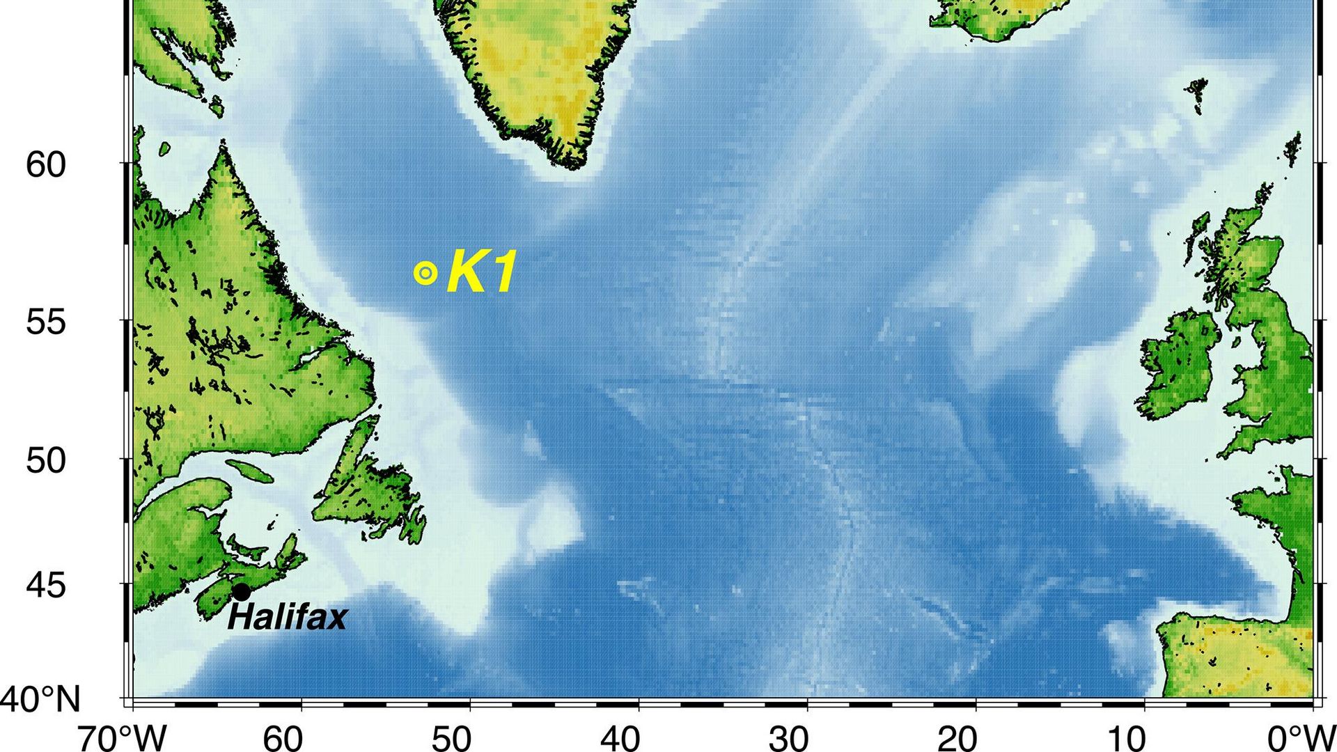 Kartengrafik der Labradorsee mit der Langzeitmessstation K1