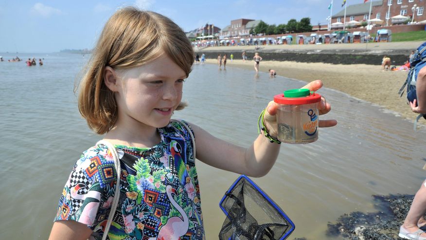 Mädchen entdeckt Artenvielfalt der Nordsee mit Kescher und Becherlupe des Kuestenlabors