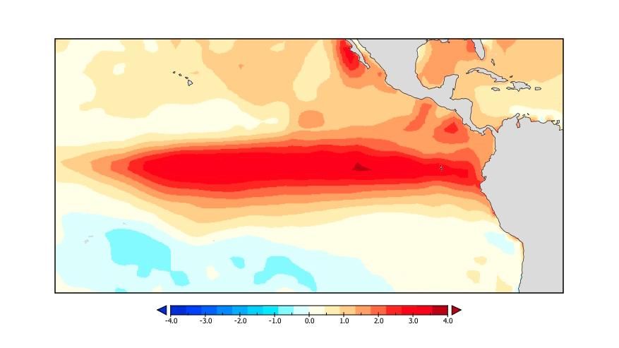 Foto einer Grafik, die die Abweichung der Meeresoberflächentemperaturen [in Grad Celsius] vom langjährigen Mittel im tropischen Pazifik während des extrem starken El Niño im November – Januar 2015/16 zeigt.