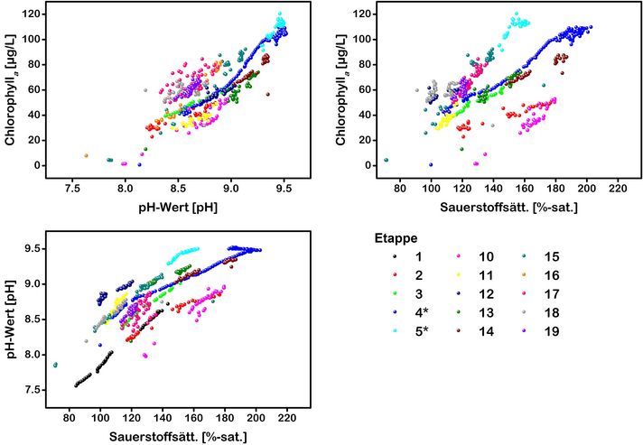 Grafik, die die Beziehungen zwischen den Wasserparametern Chlorophylla-Konzentration, pH-Wert und Sauerstoffsättigung darstellt.