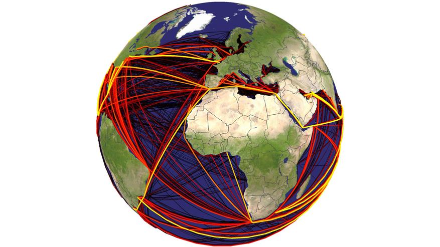 Bild eines Globuses mit globalen Handelsrouten