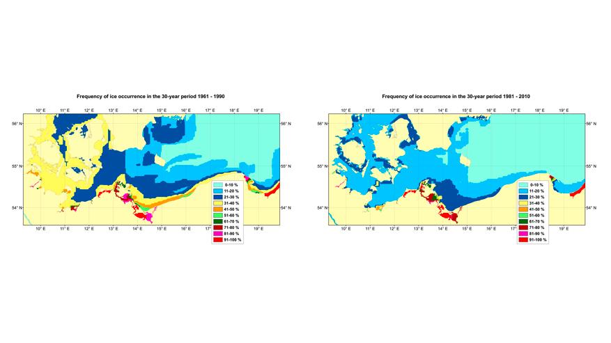 Grafik der Häufigkeit des Eisauftretens an der Ostseeküste in den 30-jährigen Zeiträumen 1961-1990 und 1981-2010 (