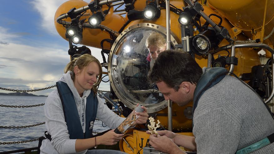 Foto, dass Besucher der Fotoausstellung vor einem Forschungstauchboot zeigt
