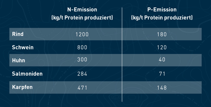 Foto einer Tabelle, die die Gegenüberstellung der P- und N-Emission von Rindern, Schweinen, Hühnern, Salmoniden und Karpfen darstellt.