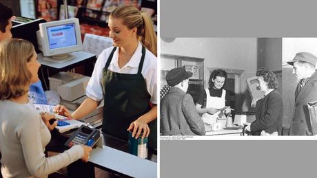 Fotocolage von Einzelhandelskauffrauen: 1947 und heute