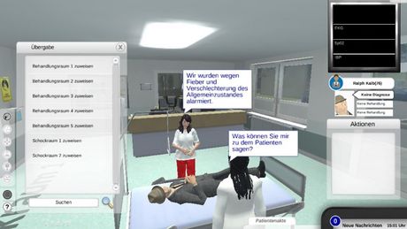 Ein Beispiel für eine typische Situation in „Emerge“. In einem 3d simmulierten Krankenzimmer sollen die Spielende typische Situationen im Krankenhaus durchspielen