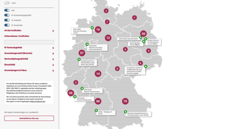 Eine Karte von Deutschland, angezeigt werden Standorte an denen bereits mit KI gearbeitet wird