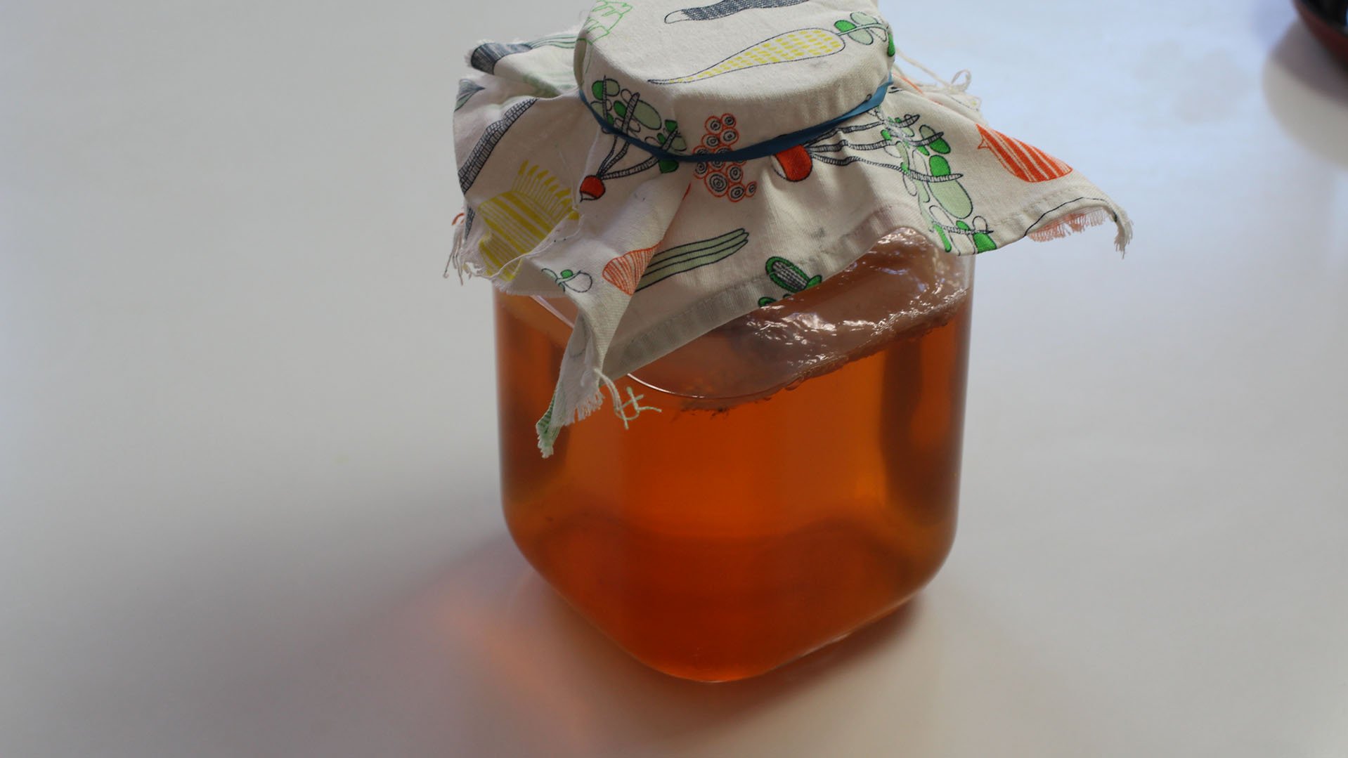 Die Öffnung des Gärgefäßes mit einem luftdurchlässigen Stoff abdecken, beispielsweise einem sauberen Geschirrtuch. So kann der SCOBY atmen und ist gleichzeitig gegen Staub und Schädlinge wie Fruchtfliegen geschützt.