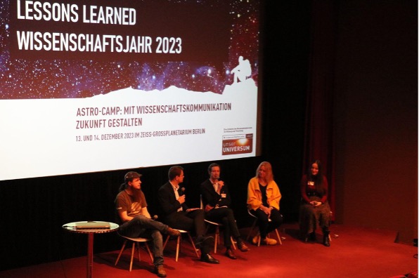 Michael Büker, Michael Wingens, Jonas Frister, Stephanie Schiemann und Lara Hartung sitzen vor einer Leindwand und sprechen miteinander. 