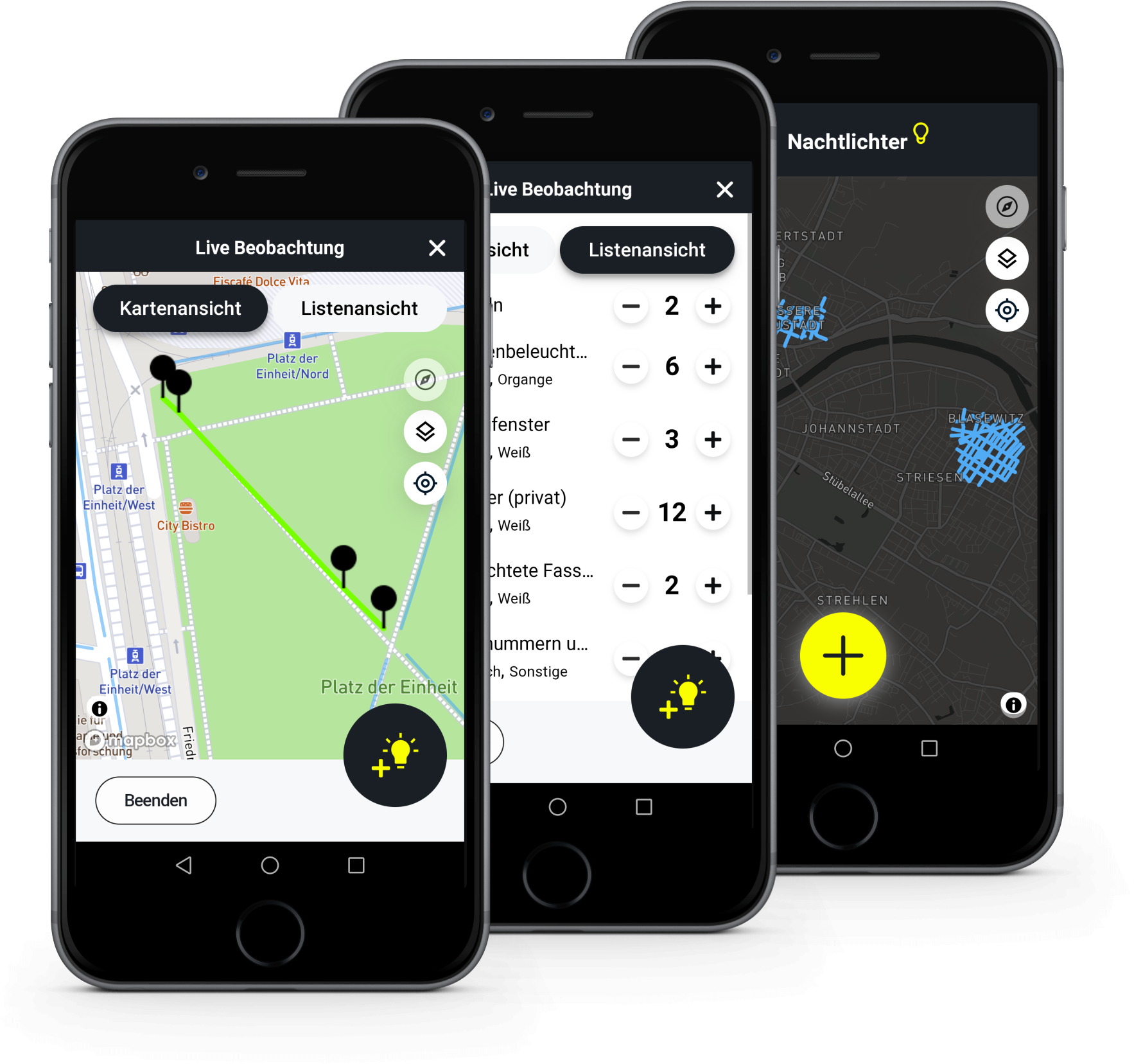 Drei Screenshots der Nachtlichter-App 