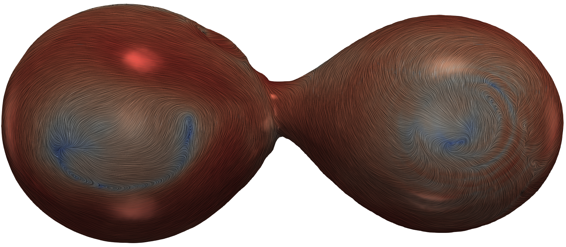 Zwei computersimulierte kreisförmige Bilder verschmelzen an einer Seite miteinander.
