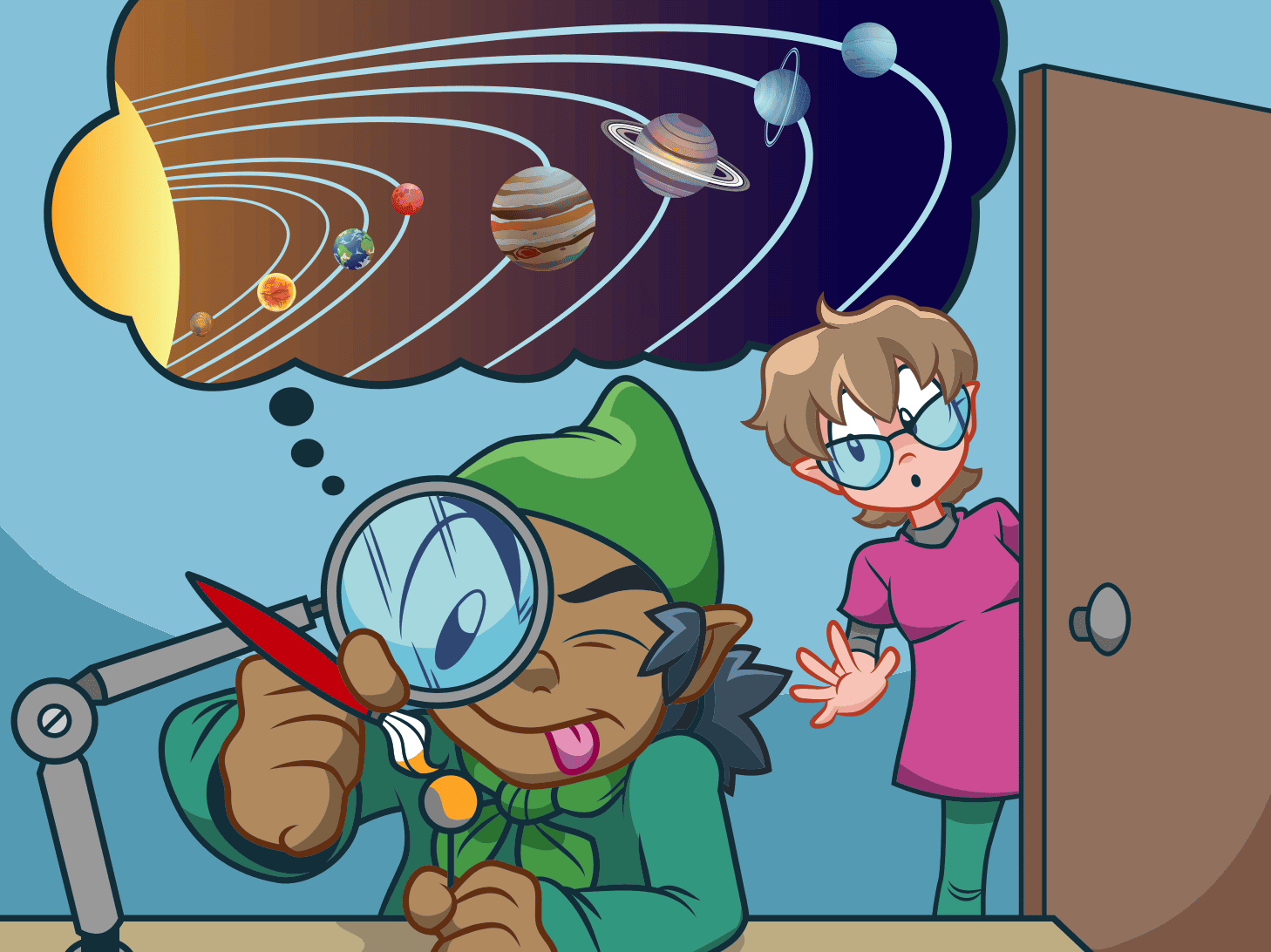 Grafik von einem Jungen, der durch eine Lupe schaut und dabei an das Universum denkt.