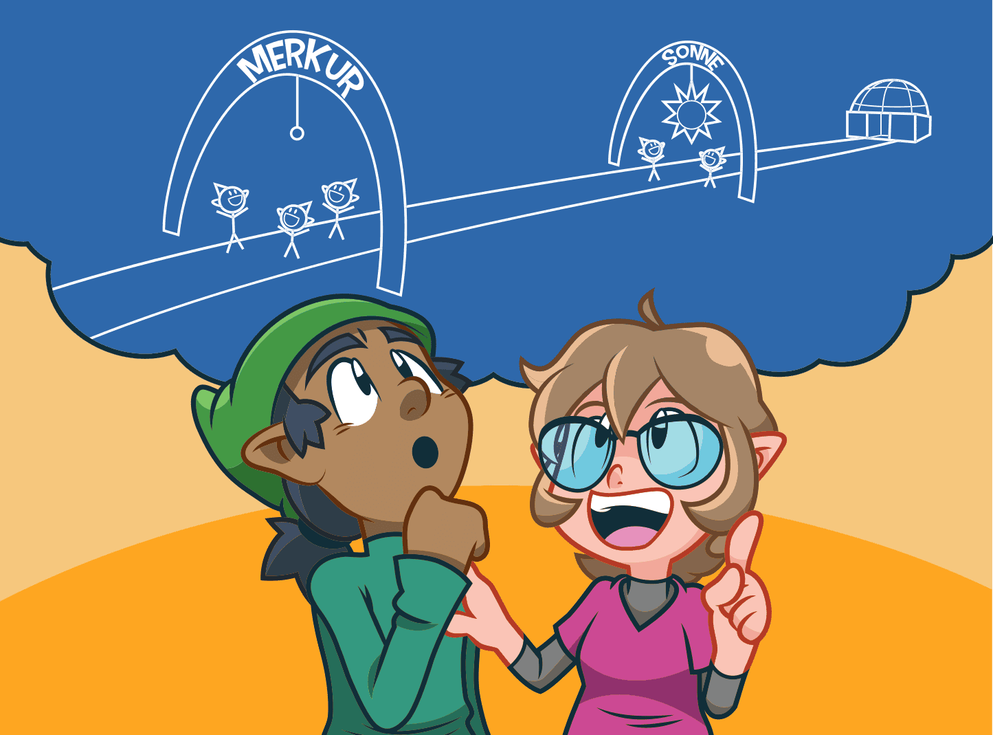 Grafik von zwei Kindern, die an eine Matheaufgabe denken.