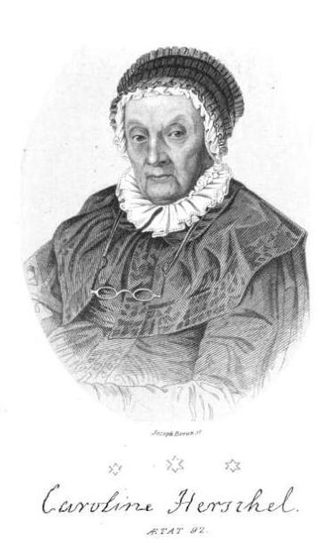 Ein schwarz-weiß Porträt von Caroline Herschel.