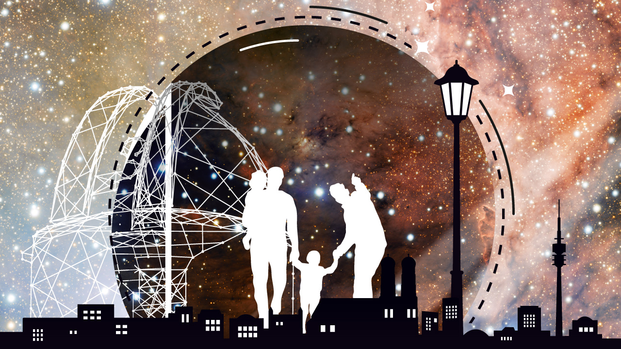 Eine Grafik von zwei Erwachsenen und einem Kind, die in den Himmel zeigen. Hinter ihnen ist ein Sternenhimmel. Am Boden der Grafik ist eine Skyline.