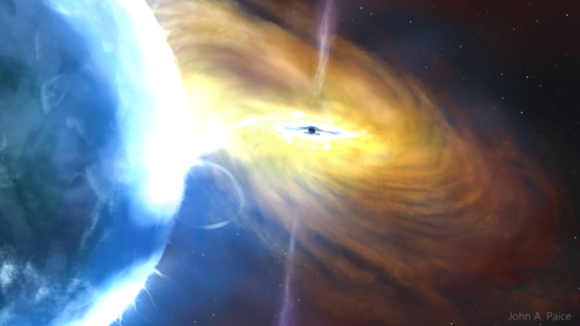 Ein blauer Stern wird in die gelb leuchtende Scheibe um ein Schwarzes Loch gezogen (künstlerische Darstellung)