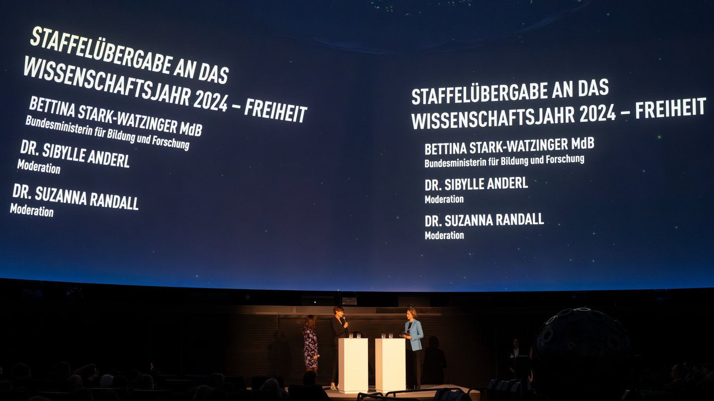 Aufnahme der Kuppel mit der Aufschrift: "Staffelübergabe an das Wissenschaftsjahr 2024 - Freiheit, Bettina Stark-Watzinger MdB; Dr. Sibylle Anderl, Moderation; Dr. Suzanna Randell, Moderation".;