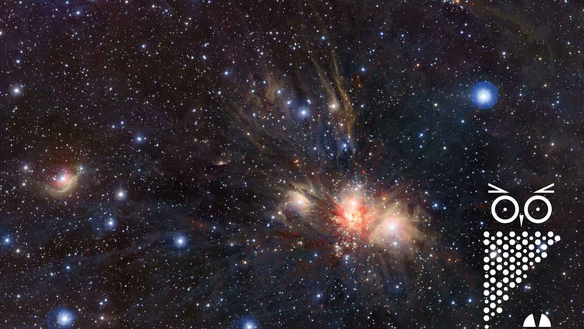 Logo Sterne, Bilder und Fiktionen: Eine Bild des Universums, in der rechten Ecke ist eine Anordnung von Zeichen, die eine Eule ergeben