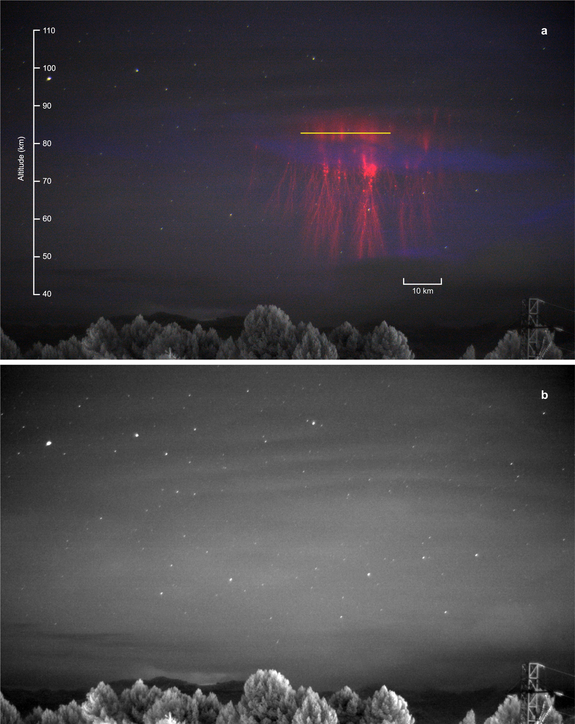 Baumkronen am unteren Rand, darüber ein rotes Leuchten. Im oberen Bereich des Leuchtens ist eine gelbe horizontale Linie, die den Spalt des Spektrografen, mit dem das Team die Messungen gemacht hat, auf das Bild projiziert. 