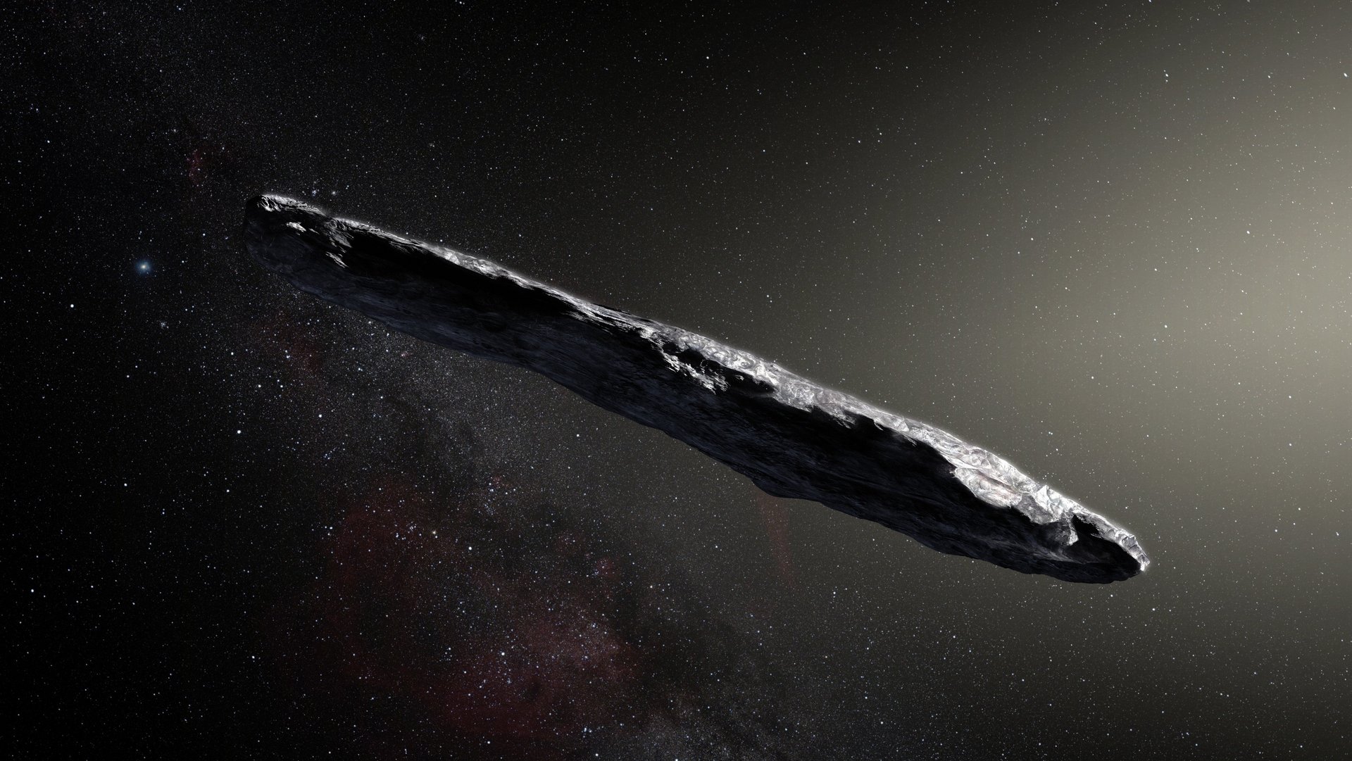 Künstlerische Darstellung von Oumuamua vor dem Sternenhimmel.