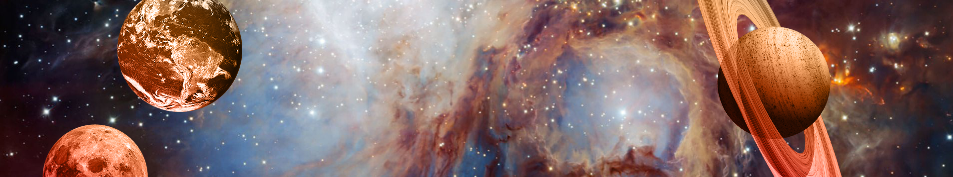 Bilder Collage zeigt Universumfoto und mehreren gezeichneten Planeten