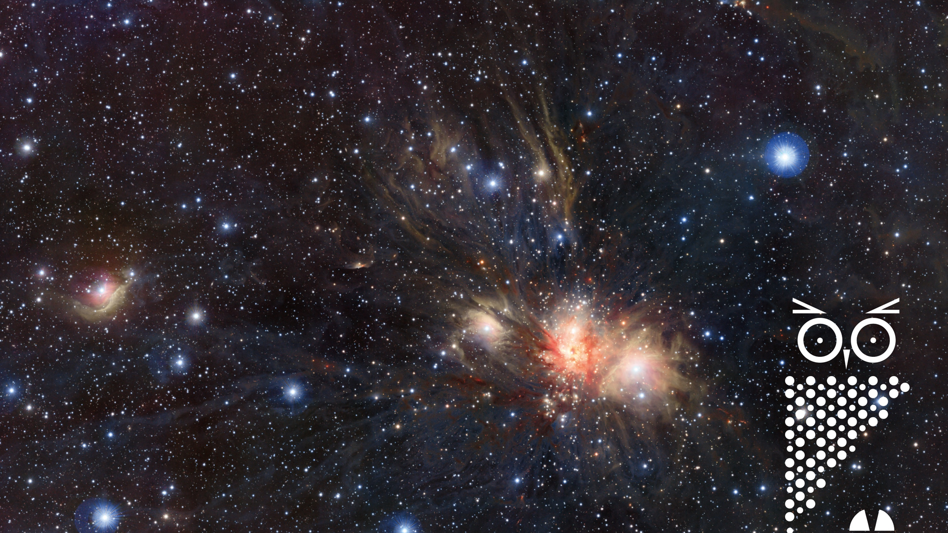 Logo Sterne, Bilder und Fiktionen: Eine Bild des Universums, in der rechten Ecke ist eine Anordnung von Zeichen, die eine Eule ergeben