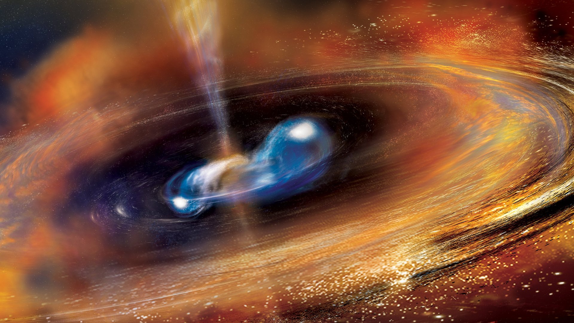 Im Zentrum verschmelzen zwei Neutronensterne, in Blaudargestellt. Um sie herum hat sich eine Scheibe aus Trümmerteilchen gebildet. Senkrecht zur Scheibe stoßen die beiden Neutronensterne einen Jet in beide Richtungen aus. Dunkler Hintergrund. 