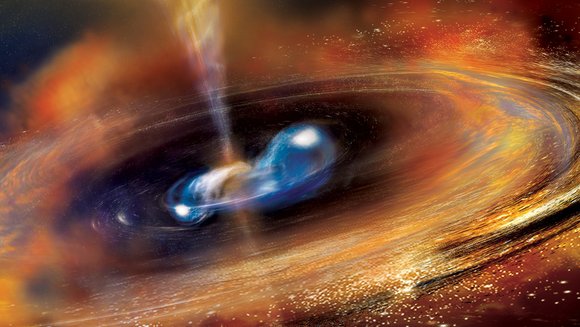 Im Zentrum verschmelzen zwei Neutronensterne, in Blaudargestellt. Um sie herum hat sich eine Scheibe aus Trümmerteilchen gebildet. Senkrecht zur Scheibe stoßen die beiden Neutronensterne einen Jet in beide Richtungen aus. Dunkler Hintergrund. 