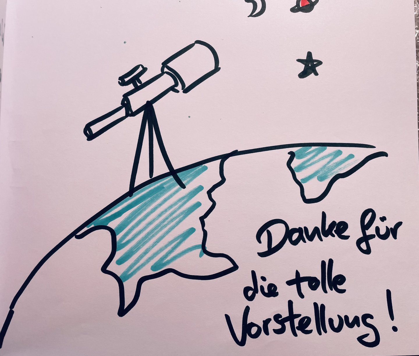 "Danke für die tolle Vorstellung", dazu ein Bild eines Teleskops auf der Erde